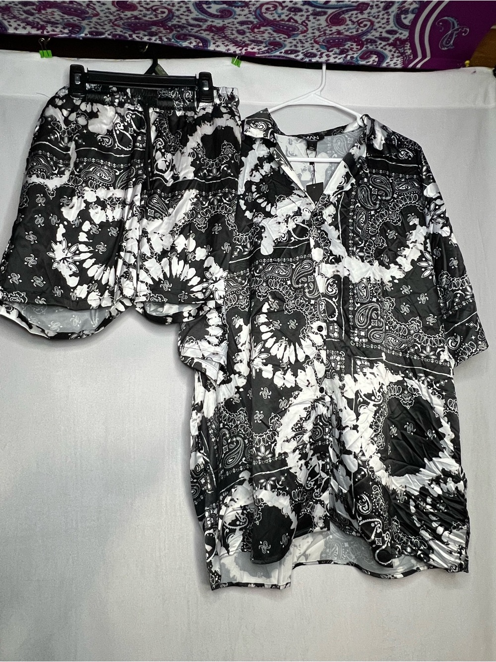 Men's Black & White Bandana Print Short Sleeve Shirt and Shorts Set